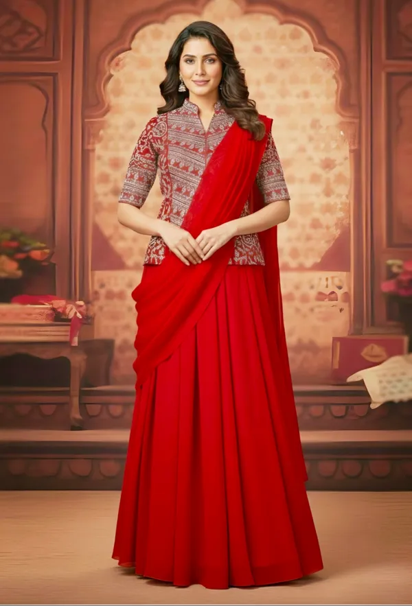Super_Trending_Embroidery__Work_Ready_To_Wear_Red__Saree_With_Full_Koti