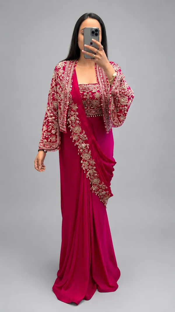 New_Super_Trending_Embroidery_cording_work_ready_to_wear_saree_with_full_koti