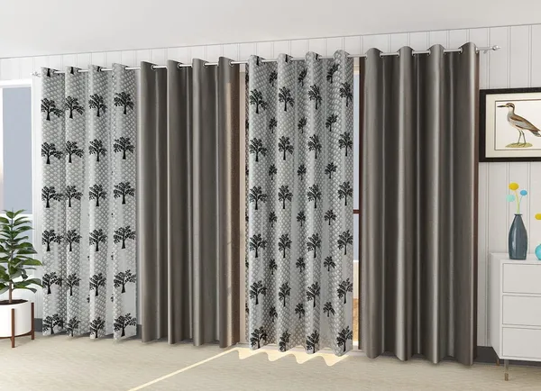 Pack_Of_4,_Grey,_Floral__Polyester_Room_Darkening_Curtain