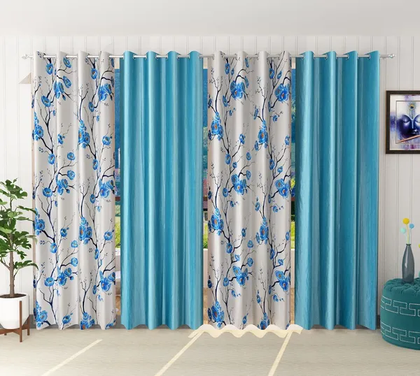 Pack_Of_4,_Blue::White,_Floral__Polyester_Room_Darkening_Curtain