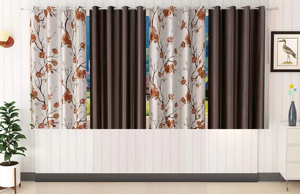 Pack_Of_4,_Brown::White,_Floral__Polyester_Room_Darkening_Curtain