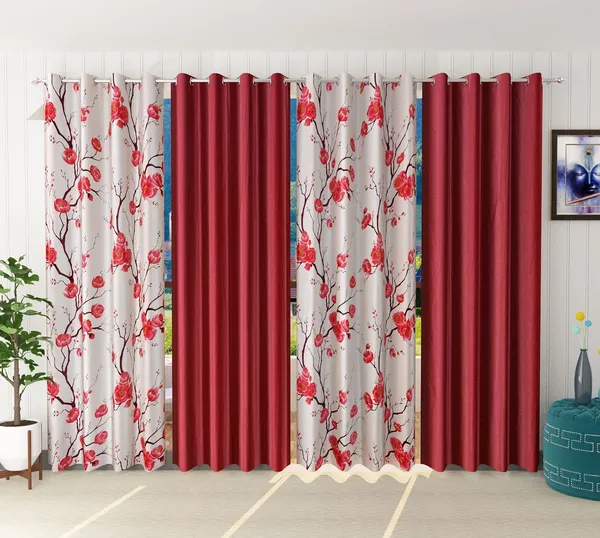 Pack_Of_4,_Maroon,_Floral__Polyester_Room_Darkening_Curtain