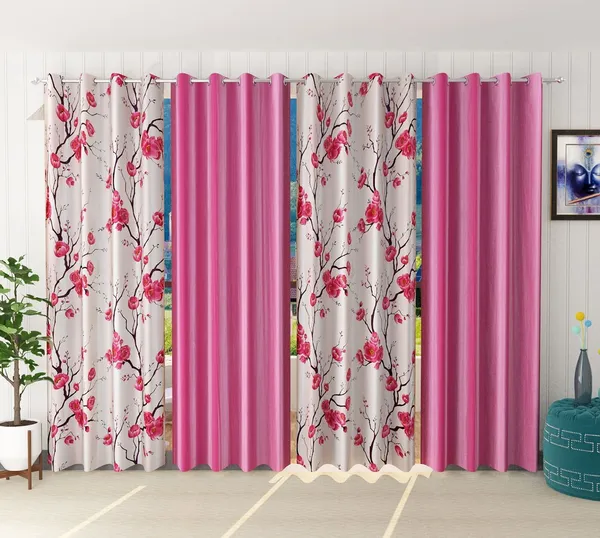 Pack_Of_4,_Pink,_Floral__Polyester_Room_Darkening_Curtain