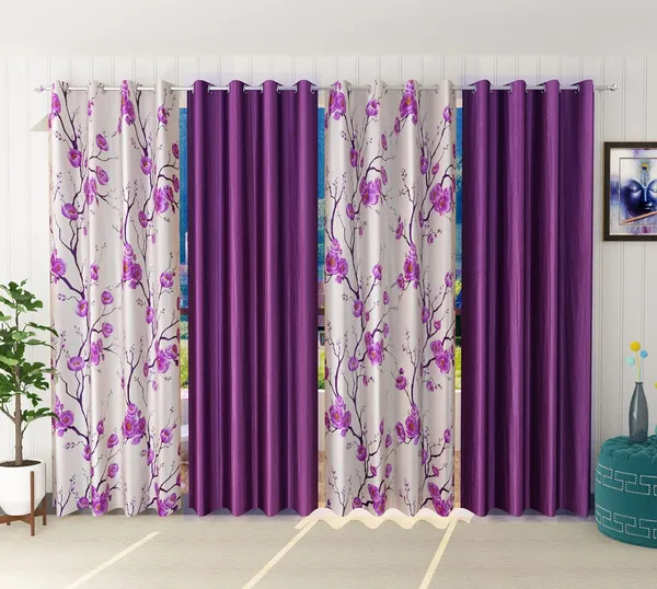 Pack_Of_4,_Purple,_Floral__Polyester_Room_Darkening_Curtain