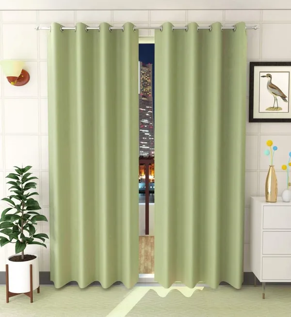 Pack_Of_2,_Green,_Solid__Polyester_Semi_Transparent_Curtain
