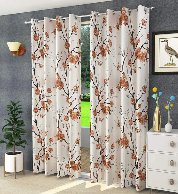 Pack_Of_2,_Brown,_Floral__Polyester_Semi_Transparent_Curtain