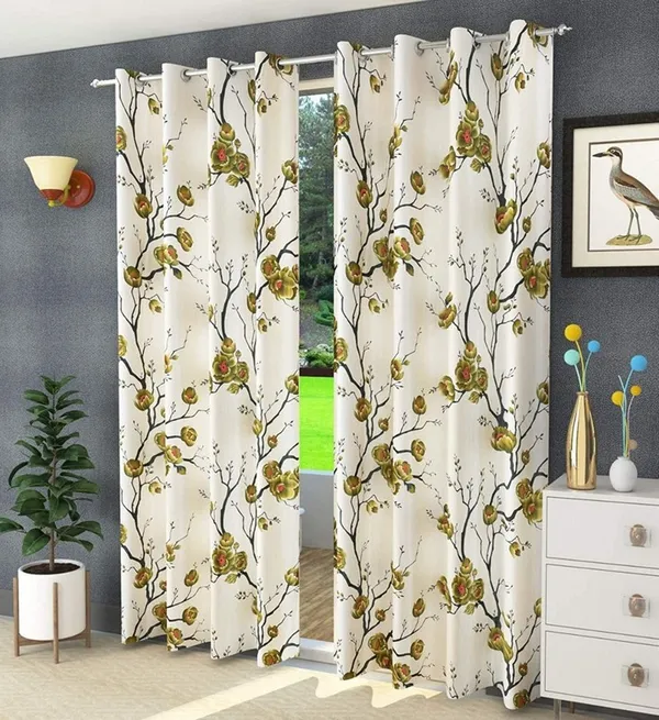 Pack_Of_2,_Green,_Floral__Polyester_Semi_Transparent_Curtain