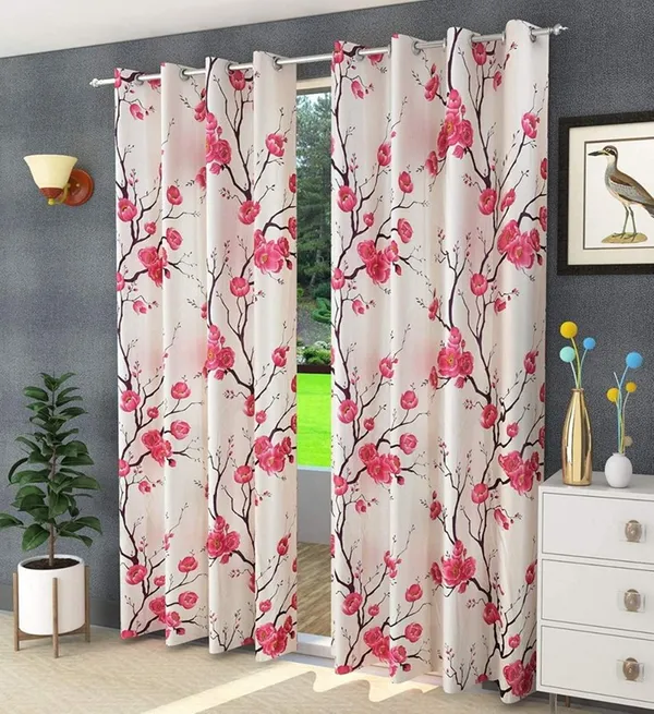 Pack_Of_2,_Pink,_Floral__Polyester_Semi_Transparent_Curtain