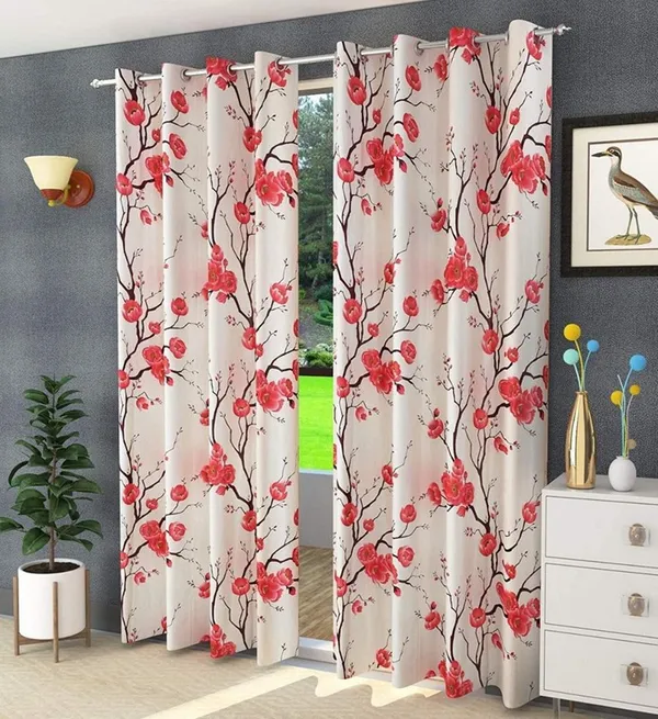 Pack_Of_2,_Red::White,_Floral__Polyester_Semi_Transparent_Curtain