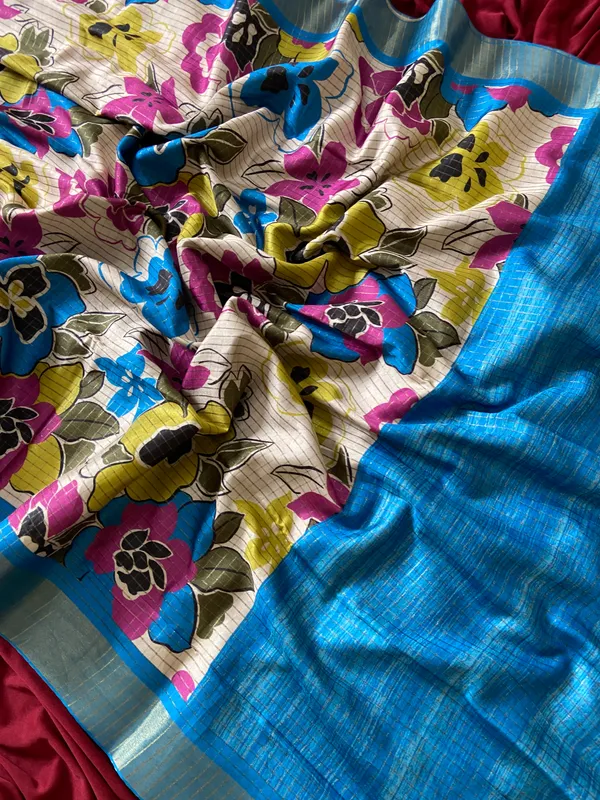 Soft_Tussar_Silk_sarees_with_Beautiful_Digital_Print_With_Attractive_Border_And_Contrast_Print_Blouse_With_Tassels