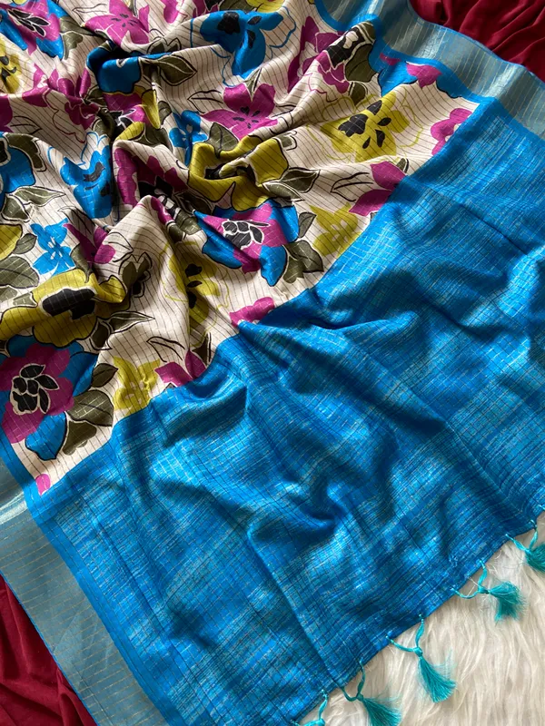 Soft_Tussar_Silk_sarees_with_Beautiful_Digital_Print_With_Attractive_Border_And_Contrast_Print_Blouse_With_Tassels