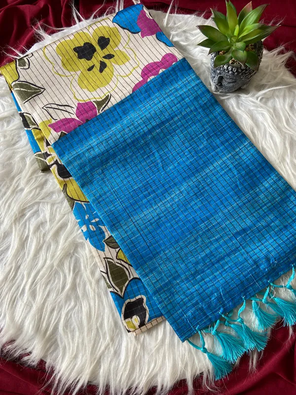 Soft_Tussar_Silk_sarees_with_Beautiful_Digital_Print_With_Attractive_Border_And_Contrast_Print_Blouse_With_Tassels