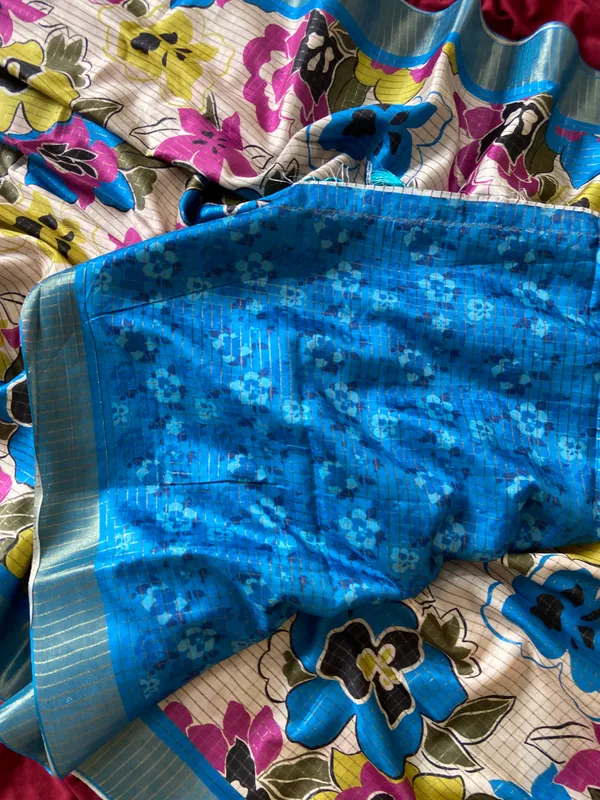 Soft_Tussar_Silk_sarees_with_Beautiful_Digital_Print_With_Attractive_Border_And_Contrast_Print_Blouse_With_Tassels