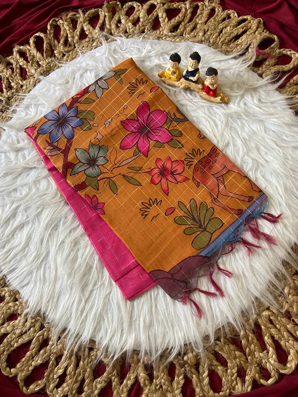 Baani_Pink_–_Navratri_Special_|_Soft_Semi_Tussar_Silk_Saree_with_Digital_Print,_Border_&_Contrast_Print_Blouse_with_Tassels