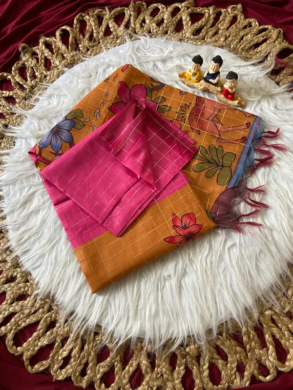 Baani_Pink_–_Navratri_Special_|_Soft_Semi_Tussar_Silk_Saree_with_Digital_Print,_Border_&_Contrast_Print_Blouse_with_Tassels