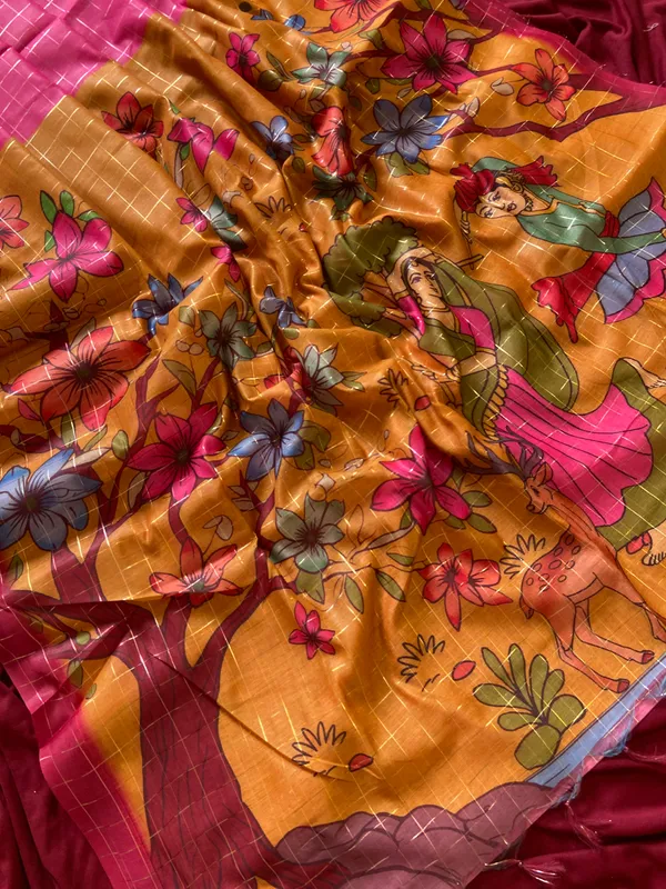 Baani_Pink_–_Navratri_Special_|_Soft_Semi_Tussar_Silk_Saree_with_Digital_Print,_Border_&_Contrast_Print_Blouse_with_Tassels