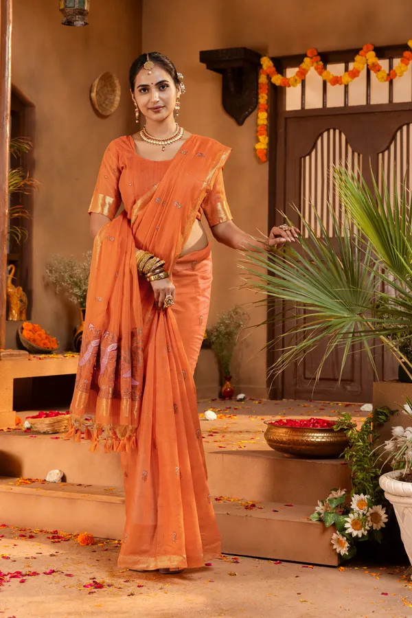 Kashish_Orange_–_Alluring_Wedding_Special_|_Premium_Soft_Muga_Cotton_Saree_with_Colourful_Resham_Weaving_Peacock_Design_Pallu