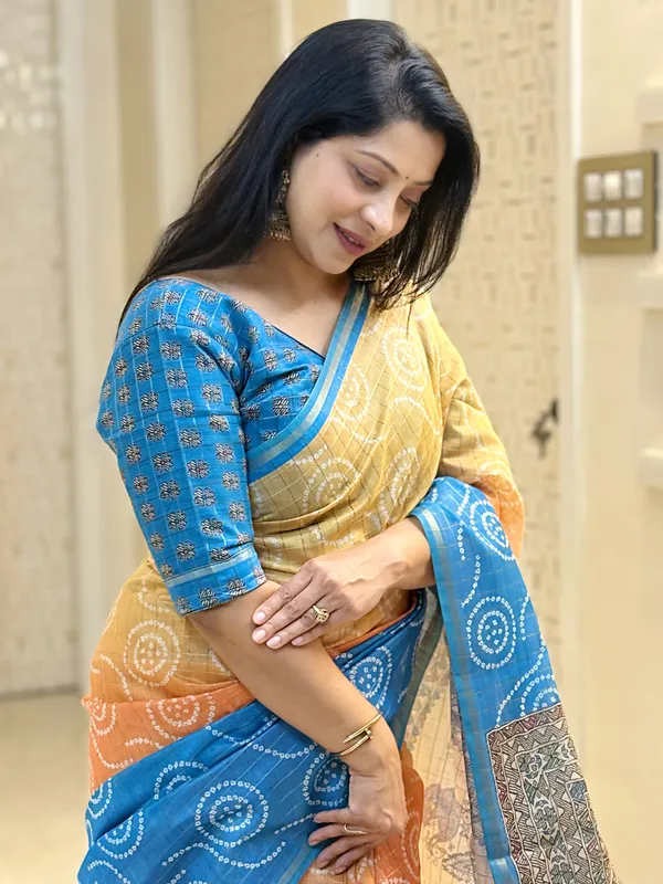 Soft_Semi_Tussar_Silk_sarees_with_Beautiful_Digital_Print_With_Attractive_Border_And_Contrast_Print_Blouse_With_Tassels