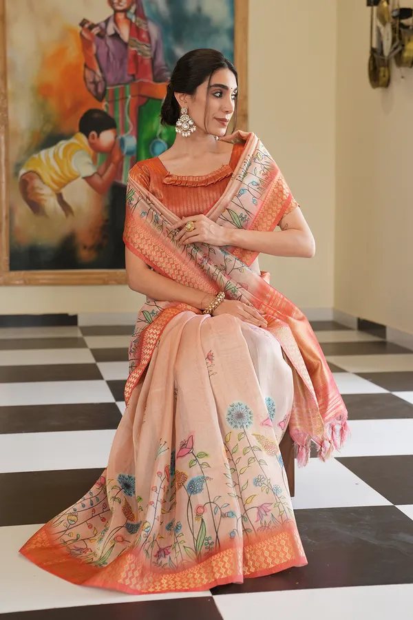 Soft_Tissue_Silk_sarees_with_Beautiful_Digital_Print_With_Attractive_Border_&_Rich_Pallu_With_Sequence_And_Contrast_Print_Blouse_With_Tassels