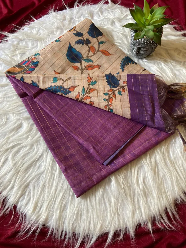Soft_Semi_Tussar_Silk_sarees_with_Beautiful_Digital_Print_With_Attractive_Border_And_Contrast_Print_Blouse_With_Tassels