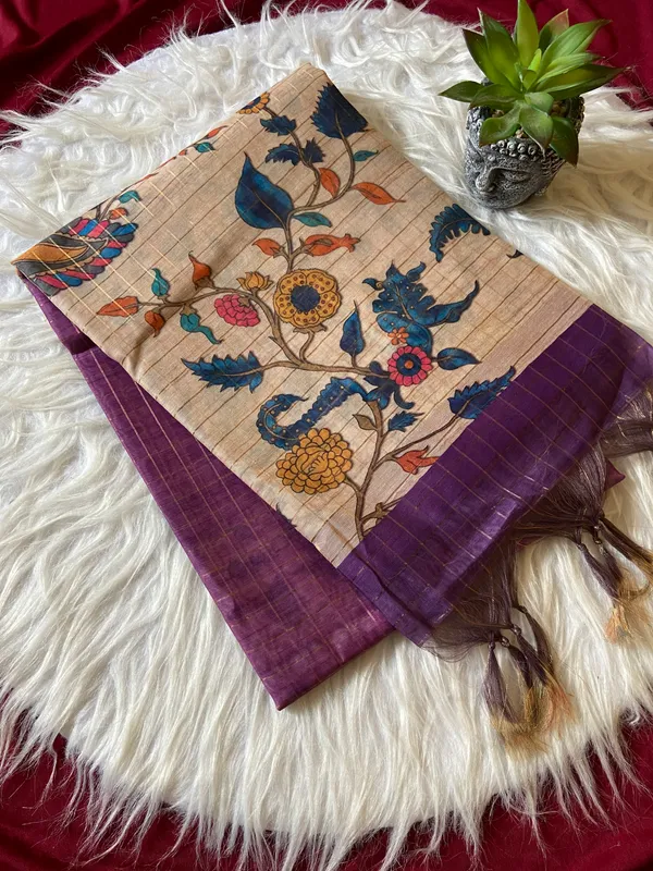 Soft_Semi_Tussar_Silk_sarees_with_Beautiful_Digital_Print_With_Attractive_Border_And_Contrast_Print_Blouse_With_Tassels