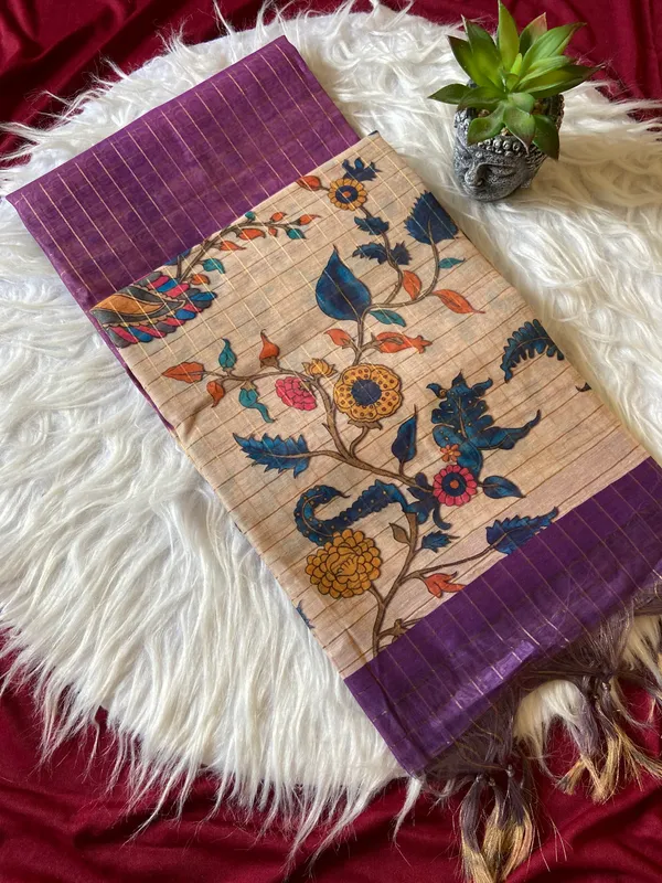 Soft_Semi_Tussar_Silk_sarees_with_Beautiful_Digital_Print_With_Attractive_Border_And_Contrast_Print_Blouse_With_Tassels