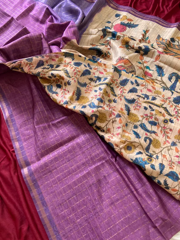 Soft_Semi_Tussar_Silk_sarees_with_Beautiful_Digital_Print_With_Attractive_Border_And_Contrast_Print_Blouse_With_Tassels