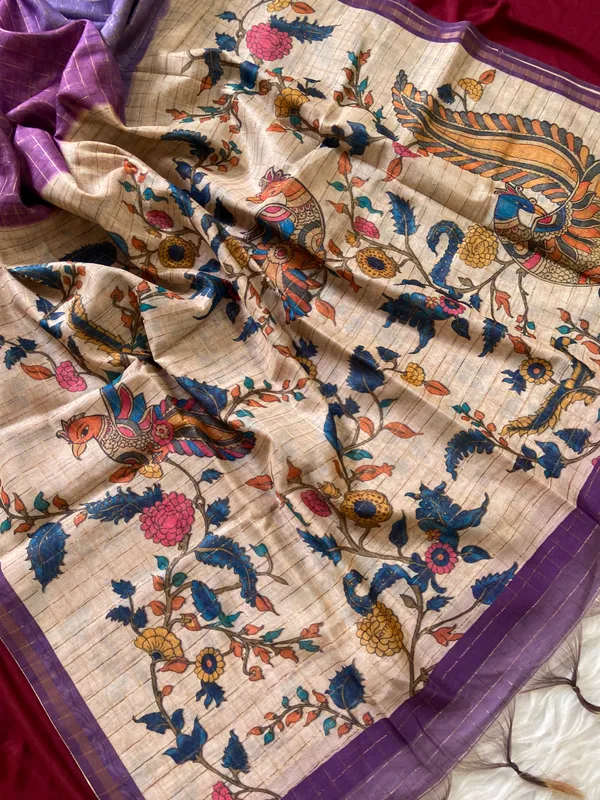 Soft_Semi_Tussar_Silk_sarees_with_Beautiful_Digital_Print_With_Attractive_Border_And_Contrast_Print_Blouse_With_Tassels