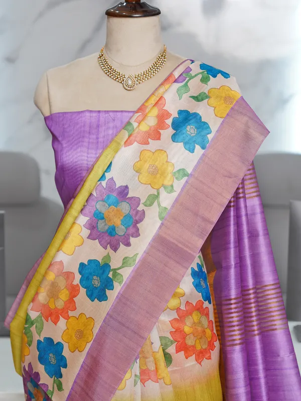 Soft_Tussar_Silk_sarees_with_Beautiful_Digital_Print_With_Attractive_Border_And_Contrast_Print_Blouse_With_Tassels