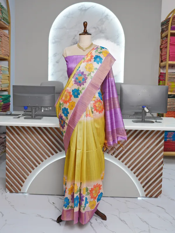 Soft_Tussar_Silk_sarees_with_Beautiful_Digital_Print_With_Attractive_Border_And_Contrast_Print_Blouse_With_Tassels