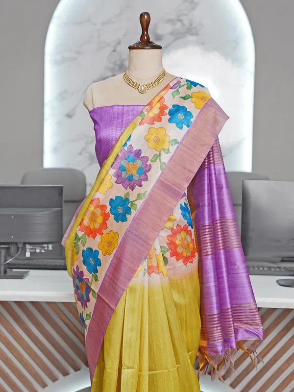 Soft_Tussar_Silk_sarees_with_Beautiful_Digital_Print_With_Attractive_Border_And_Contrast_Print_Blouse_With_Tassels