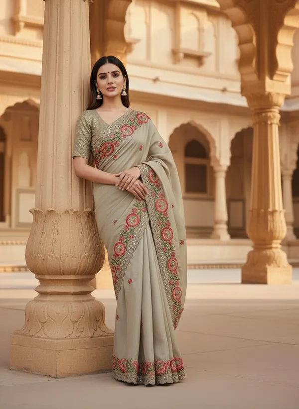Heavy_Tussar_Silk_sarees_with_Beautiful_Embroidery_&_Sequence_Work_With_Attractive_Cutwork_Border_And_Heavy_Embroidery_&_Sequence_Work_Running_Blouse