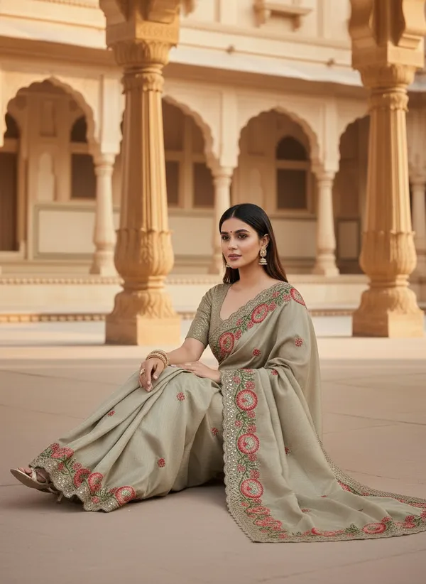 Heavy_Tussar_Silk_sarees_with_Beautiful_Embroidery_&_Sequence_Work_With_Attractive_Cutwork_Border_And_Heavy_Embroidery_&_Sequence_Work_Running_Blouse