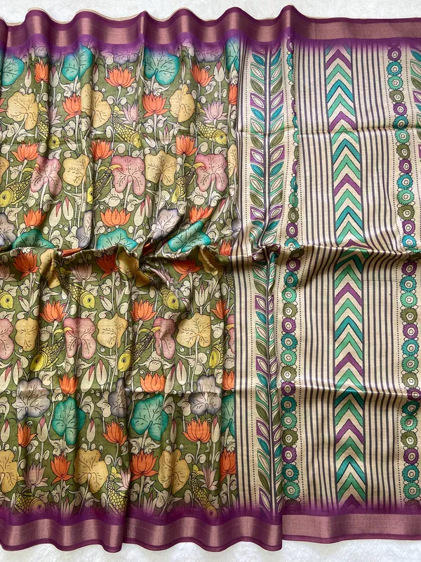 Soft_Tussar_Silk_sarees_with_Beautiful_Digital_Print_With_Attractive_Border_And_Contrast_Print_Blouse_With_Tassels