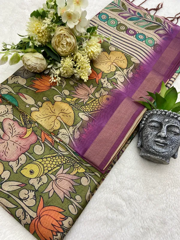 Soft_Tussar_Silk_sarees_with_Beautiful_Digital_Print_With_Attractive_Border_And_Contrast_Print_Blouse_With_Tassels