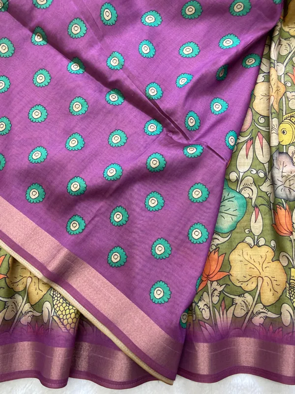 Soft_Tussar_Silk_sarees_with_Beautiful_Digital_Print_With_Attractive_Border_And_Contrast_Print_Blouse_With_Tassels