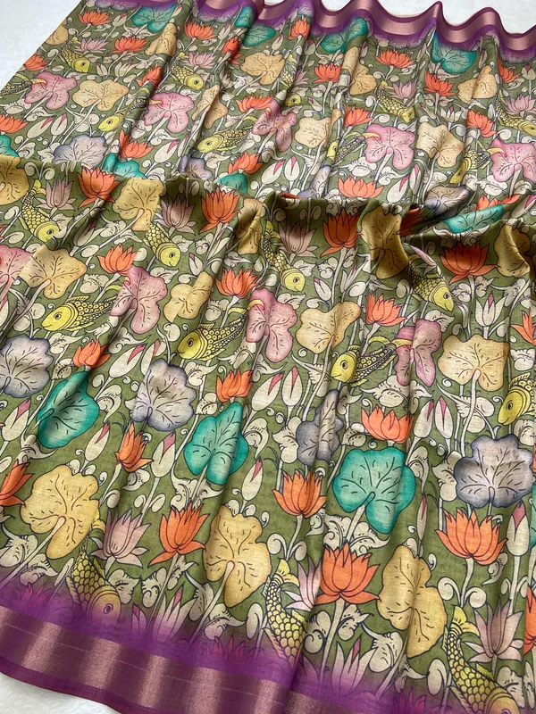 Soft_Tussar_Silk_sarees_with_Beautiful_Digital_Print_With_Attractive_Border_And_Contrast_Print_Blouse_With_Tassels