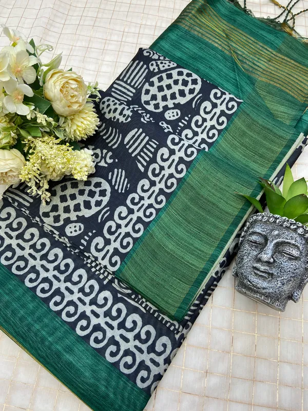 Deepali_Green_–_Row_of_Lamps_Diwali_Special_|_Soft_Tussar_Silk_Saree_with_Print,_Border_&_Contrast_Print_Blouse_with_Tassels