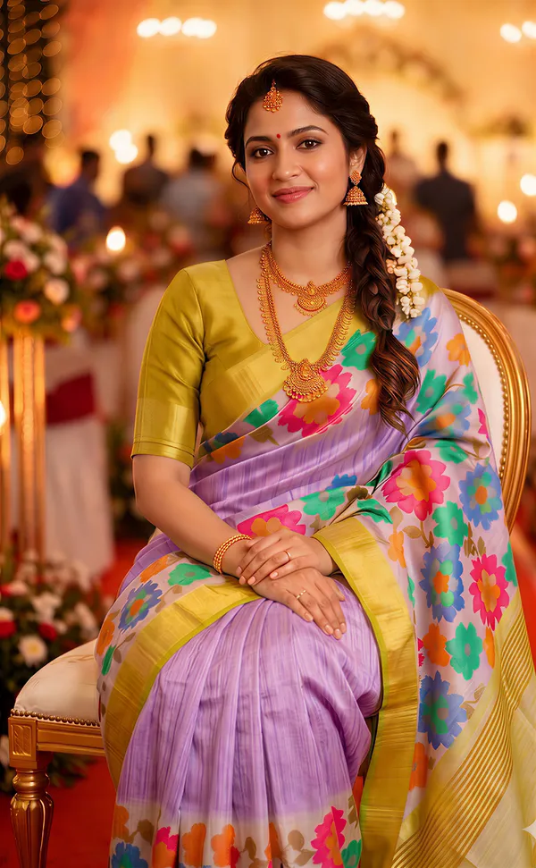 Aashvika_Purple_–_Navratri_Special_|_Soft_Tussar_Silk_Saree_with_Digital_Print,_Border_&_Contrast_Print_Blouse_with_Tassels