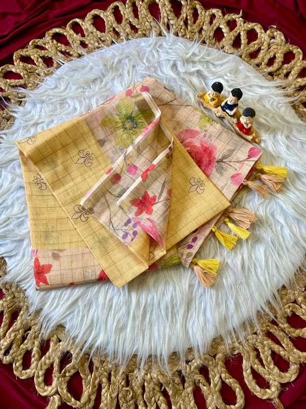 Kumud_Yellow_–_Water_Lily_Aesthetic_Edit_for_You_|_Soft_Premium_Linen_Saree_with_Print,_Checks_Design_Saree,_Gold_Zari_Border_&_Print_Blouse