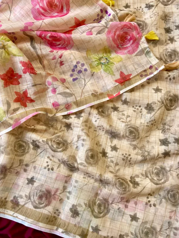 Kumud_Yellow_–_Water_Lily_Aesthetic_Edit_for_You_|_Soft_Premium_Linen_Saree_with_Print,_Checks_Design_Saree,_Gold_Zari_Border_&_Print_Blouse