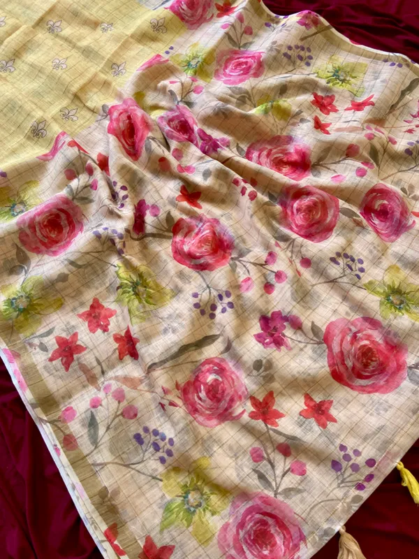 Kumud_Yellow_–_Water_Lily_Aesthetic_Edit_for_You_|_Soft_Premium_Linen_Saree_with_Print,_Checks_Design_Saree,_Gold_Zari_Border_&_Print_Blouse
