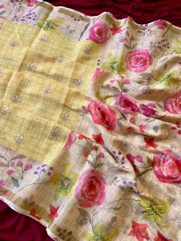 Kumud_Yellow_–_Water_Lily_Aesthetic_Edit_for_You_|_Soft_Premium_Linen_Saree_with_Print,_Checks_Design_Saree,_Gold_Zari_Border_&_Print_Blouse