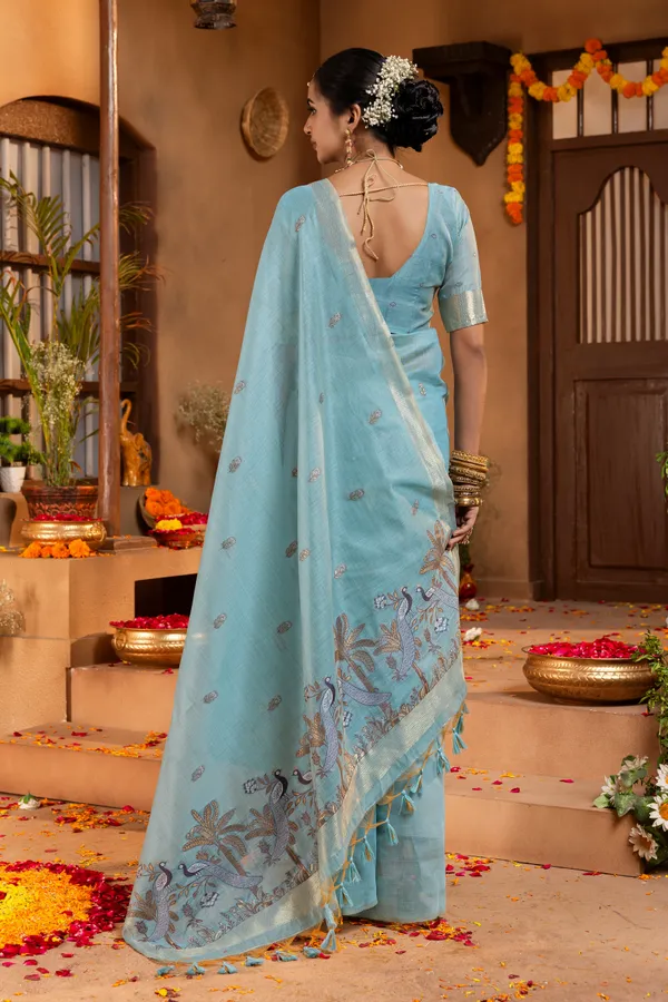 Kashish_Sky_Blue_–_Alluring_Wedding_Special_|_Premium_Soft_Muga_Cotton_Saree_with_Colourful_Resham_Weaving_Peacock_Design_Pallu