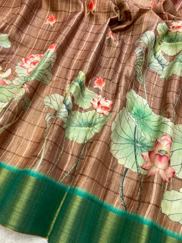Avanti_Coffee_Brown_–_Regal_Aesthetic_Edit_for_You_|_Soft_Tussar_Silk_Saree_with_Print,_Border_&_Contrast_Print_Blouse_with_Tassels