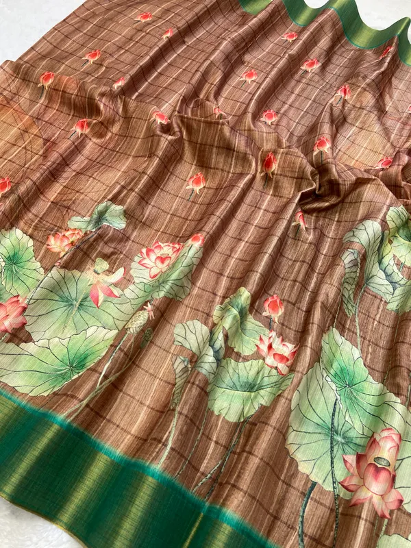 Avanti_Coffee_Brown_–_Regal_Aesthetic_Edit_for_You_|_Soft_Tussar_Silk_Saree_with_Print,_Border_&_Contrast_Print_Blouse_with_Tassels