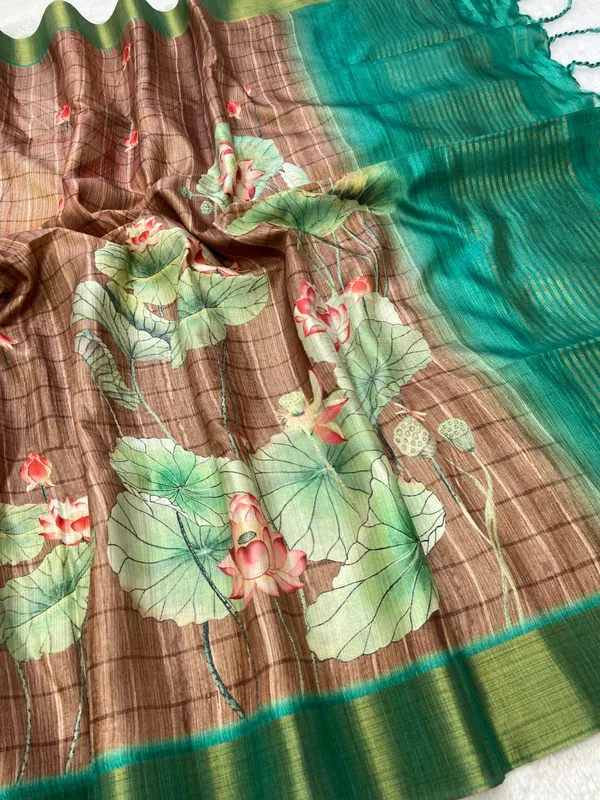 Avanti_Coffee_Brown_–_Regal_Aesthetic_Edit_for_You_|_Soft_Tussar_Silk_Saree_with_Print,_Border_&_Contrast_Print_Blouse_with_Tassels