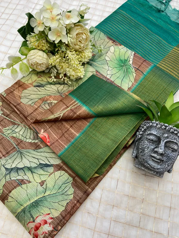 Avanti_Coffee_Brown_–_Regal_Aesthetic_Edit_for_You_|_Soft_Tussar_Silk_Saree_with_Print,_Border_&_Contrast_Print_Blouse_with_Tassels