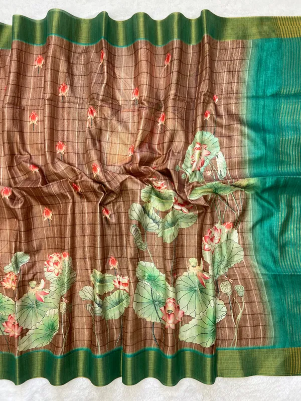 Avanti_Coffee_Brown_–_Regal_Aesthetic_Edit_for_You_|_Soft_Tussar_Silk_Saree_with_Print,_Border_&_Contrast_Print_Blouse_with_Tassels