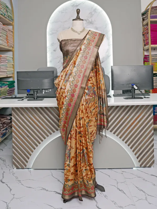 Soft_Tussar_Silk_sarees_with_Beautiful_Digital_Print_With_Attractive_Border_And_Contrast_Print_Blouse_With_Tassels